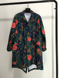 韩国东大门代购2016秋装新款宽松迷彩抽绳风衣玫瑰印花中长款外套