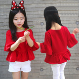 2016夏季女童纯棉短袖T恤喇叭中袖娃娃衫韩版儿童宝宝上衣亲子装
