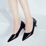 秋鞋低跟黑色单鞋女矮跟3cm浅口工作鞋婚鞋红色尖头细跟女单鞋