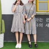 2016夏韩版小立领条纹雪纺短袖连衣裙中长款气质显瘦百褶鱼尾裙子