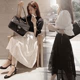 套装裙春秋新款韩版女装黑白宽松衬衫上衣镂空中长裙两件连衣裙潮