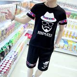 夏季韩版男士圆领短袖t恤衫潮牌青少年卡通印花学生运动半袖套装