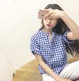 韩国ulzzang经典撞色小格子衬衣 立领简洁短袖纯棉格子衬衫T恤女