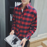 秋冬季男装长袖衬衫韩版衬衣外套青年学生修身上衣男格子衬衫潮