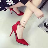 2016秋季新款女鞋韩版性感绒面红色侧空浅口尖头高跟鞋细跟单鞋潮