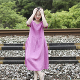 梭娘原创设计2016夏季新款紫色纯亚麻中袖连衣裙宽松文艺长裙袍子