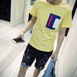 2016韩版青年小清新休闲男士春季体恤个性口袋青少年 圆领T恤修身