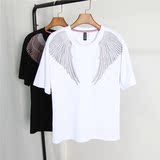 欧美风天使之翼翅膀刺绣花半高圆领短袖T恤女夏装宽松显瘦打底衫