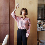 现货韩国东大门代购女长袖条纹宽松超大码中长款显瘦粉色雪纺衬衫