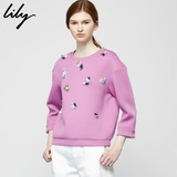 Lily2016年秋季新款女装欧美通勤太空棉印花卫衣T恤115320B8215