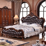 全真皮床欧式双人床1.8米 美式实木雕花 头层牛皮床奢华别墅婚床