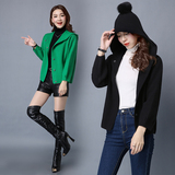 2016秋季新款韩版女装宽松短款纯色连帽衫针织开衫棒球衫外套加厚