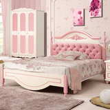 儿童床粉红色公主床 田园床粉红色家具卧室套房 1.5米实木床储物