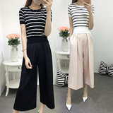 2016夏季韩版女装两件套针织上衣搭配七分阔腿裤显瘦休闲时尚套装