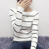 2016秋季新款女装韩版一字领条纹女T恤长袖修身打底衫针织衫上衣