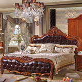 欧式家具美式全实木真皮床1.8米深色高箱婚床别墅卧室双人床包邮