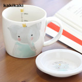 kakikaki动物王国早餐杯带盖勺带刻度儿童可爱陶瓷牛奶马克水杯子