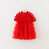 童装女童夏装短袖蕾丝连衣裙一两周3岁女宝宝夏季红色礼服公主裙