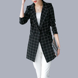 小西装2016秋装新品格子韩版中长款长袖时尚百搭修身显瘦女士外套
