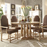 美式实木圆桌新古典水曲柳圆餐桌法式实木餐桌复古做旧餐桌椅组合