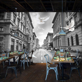 复古欧美餐厅主题壁纸个性3d立体黑白街景酒吧服装店背景墙纸壁画