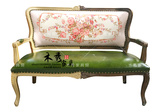新古典实木拼色印花双人沙发椅 美式法式雕花皮艺个性餐椅休闲椅
