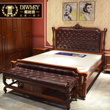 高档美式实木床真皮床1.8米双人床雕花家具欧式油蜡皮婚床大床