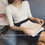 2016纯色V领针织衫学生打底衫短款上衣春装中袖女装新款韩版小衫