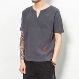 中国风刺绣t恤男日系亚麻半袖上衣男民族风打底衫夏季潮2016新款
