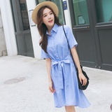 2016夏装新款韩版中长款蝴蝶结短袖蓝色条纹裙子女学生衬衫连衣裙