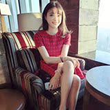 韩国代购2016新款短袖针织a字裙 短裙红色爱心打底连衣裙修身显瘦