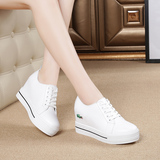 白色单鞋内增高女鞋系带小白鞋女韩版学生真皮坡跟休闲鞋女运动鞋