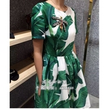 西西里16夏高端定制女装镶钻蜻蜓钉珠芭蕉绿叶印花短袖蓬蓬连衣裙