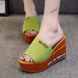 2016夏天新款时尚韩版一字型厚底松糕拖鞋防水台坡跟高跟凉拖女潮