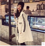 2016春季新款女韩版中长款字母印花连帽收腰系带风衣外套