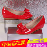 孕妇软底单鞋韩版夏季浅口红色瓢鞋坡跟内增高漆皮豆豆鞋女 中跟