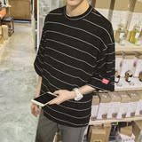 新款韩版笑脸男夏装学条纹青年t恤短袖五分袖七分中袖潮流半袖