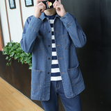 男士韩国东大门男装春季新款多口袋韩版简约牛仔夹克中长款外套男