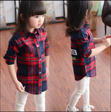童装秋装2016新款韩版格子字母中长款女童衬衫春季秋季儿童衬衣
