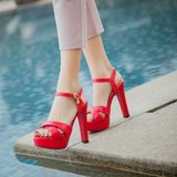 高跟凉鞋 新款红色婚鞋粗跟防水台超高跟女士凉鞋鱼嘴上班女鞋潮
