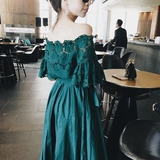 Alicewang迷人款仙2016新款中长款韩版花朵蕾丝一字领A字裙连衣裙