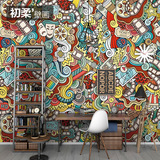 日系个性台球厅咖啡厅背景墙纸酒吧玄关抽象面具油画大型定制壁画