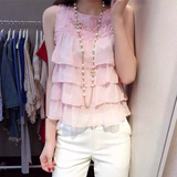 韩国韩版粉色夏季性感雪纺衫短款无袖木耳边百搭荷叶边女上衣露肩