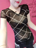 2016欧洲站黑色条纹紧身t恤女夏性感弹力格子短袖个性透视上衣潮