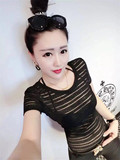 2016夏韩国新款性感透视短袖t恤女黑色条纹个性修身上衣纯色小衫