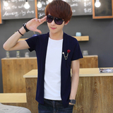 夏季男装假两件T恤男 韩版修身男士青少年学生帅气短袖上衣外套潮