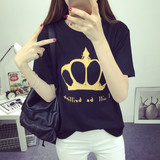 实拍#夏季新款韩版皇冠印花宽松圆领套头上衣短袖T恤女学生打底衫
