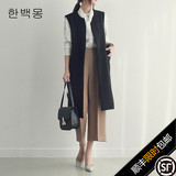 韩国高档女装 纯棉圆领中长款直筒显瘦双开叉大码西装马甲外套女