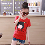 女童短袖t恤纯棉 夏季 中大童体恤女孩红色半袖圆领韩版上衣透气