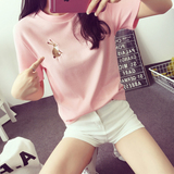 2016夏季韩版纯棉女装短袖t恤小衫绣花宽松显瘦大码学生半截袖上